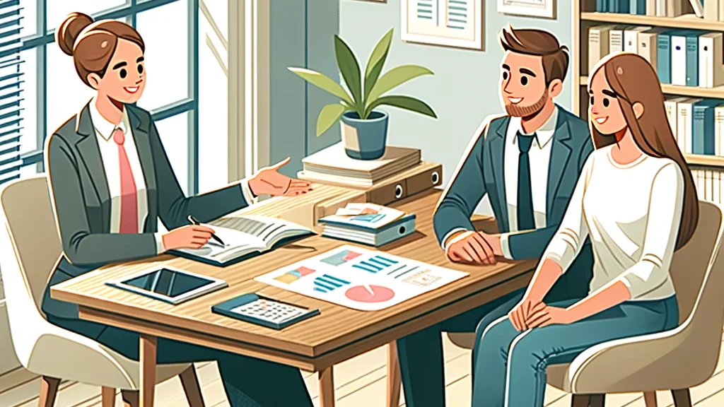 An illustration showing a couple consulting with a financial advisor about their life planning. The setting is a cozy office with a large desk, papers, and charts spread out. The advisor is sitting on one side of the desk, explaining something with a friendly smile, while the couple sits on the other side, attentively listening and taking notes. The background includes a bookshelf with financial planning books and a window with natural light coming in.